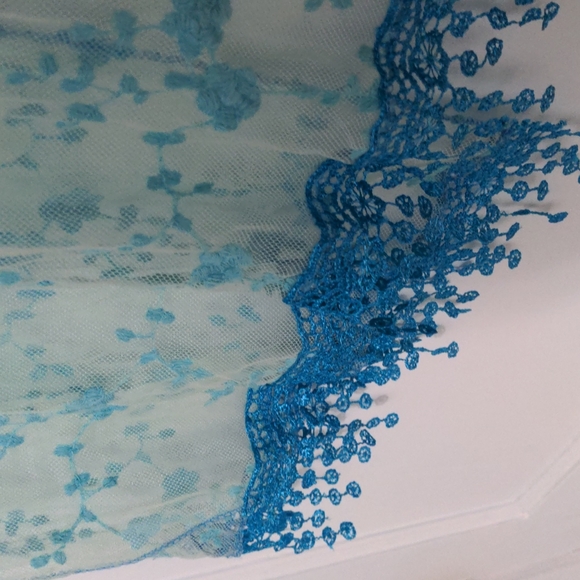 Light Blue Netted Scarf or Wrap with Blue Flowers and Flower Fringe - Picture 2 of 4